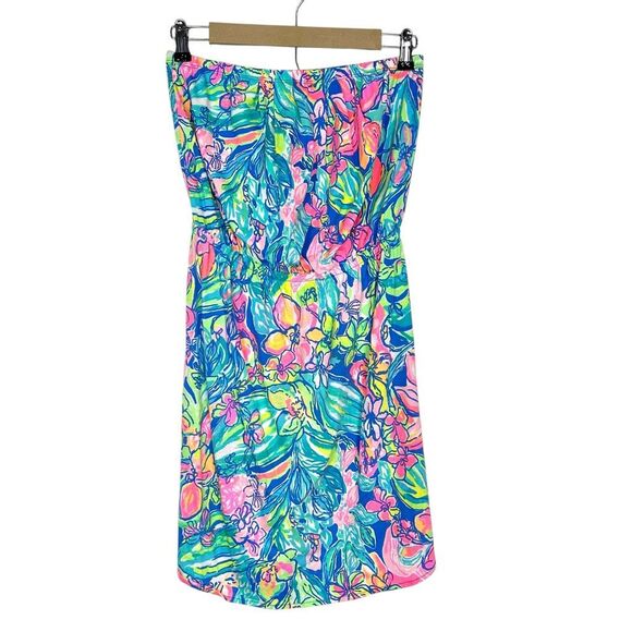 Lilly Pulitzer Windsor Dress Medium Bennet Blue Strapless Floral Pull On Cotton - Picture 2 of 14